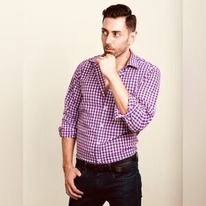 Men's IZOD Button Down Long Sleeve Purple And White Shirt Size XL